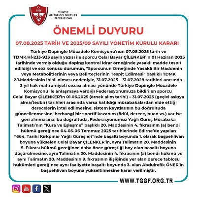 Celal Bayar Çilenker Başpehlivan Boyunda Güreşme Hakkını Kaybetti.