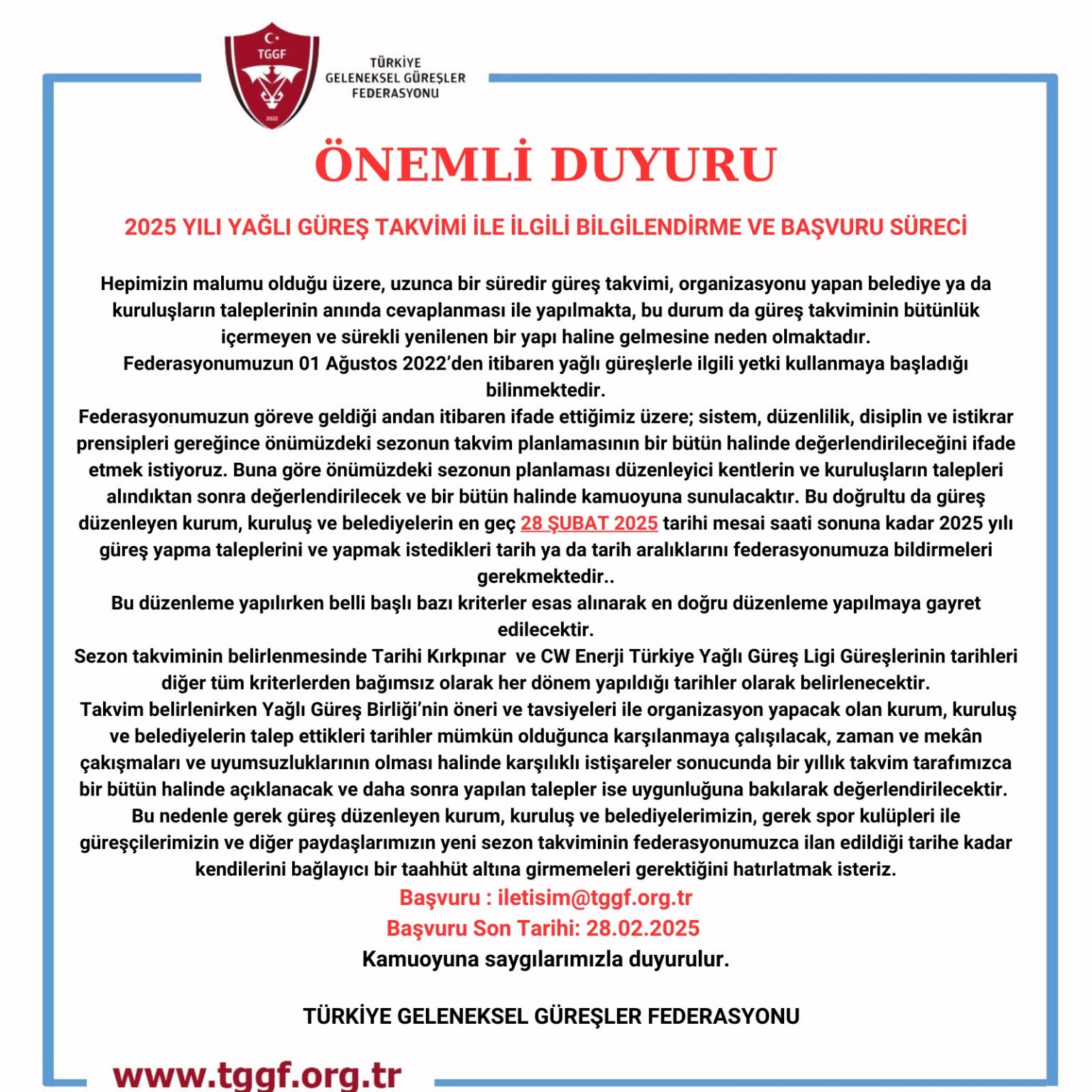 2025 Yılı Yağlı Güreş Takvimi Açıklaması